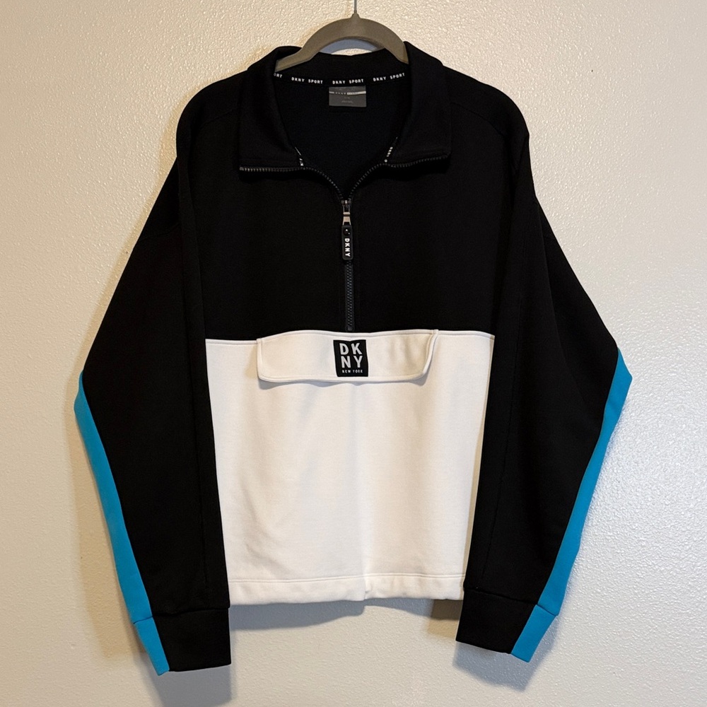 DKNY Black, White & Blue Half Zip-Up Colorblock Sweater